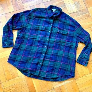 OLD NAVY size XXL Tall Green Plaid “Boyfriend” Button Down Flannel Shirt
